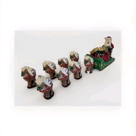 WEE CRAFTS Santa Planter And His 8 Tiny Reindeer Painted Christmas Vintage - Picture 1 of 9
